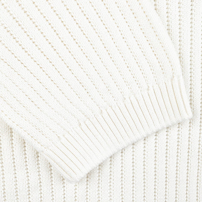Close-up of Gran Sasso's Off-White Organic Cotton Polo Shirt, showcasing a chunky-knit fabric with detailed sleeve work.