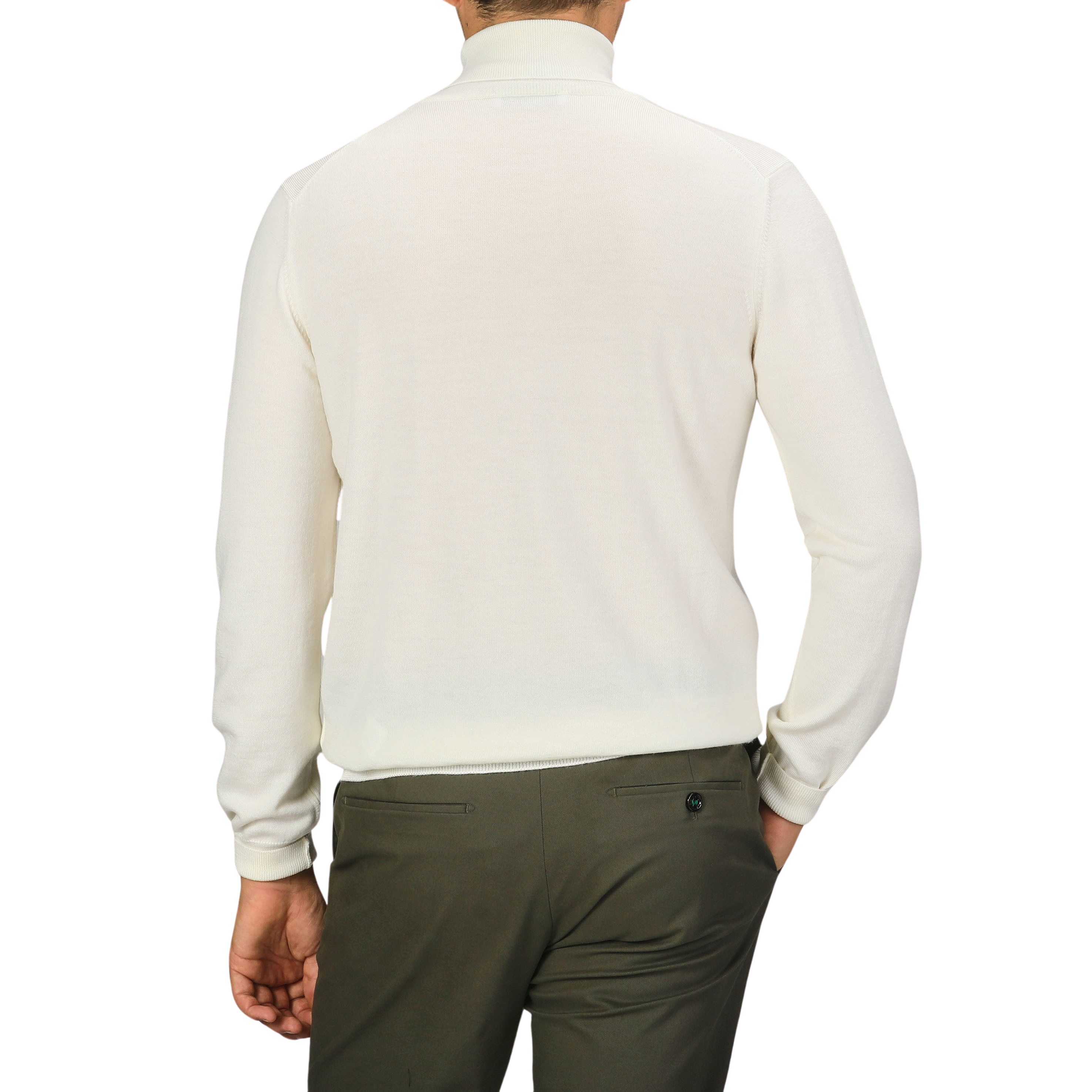An individual wearing a Gran Sasso Off White Extra Fine Merino Rollneck and dark pants, facing away from the camera.