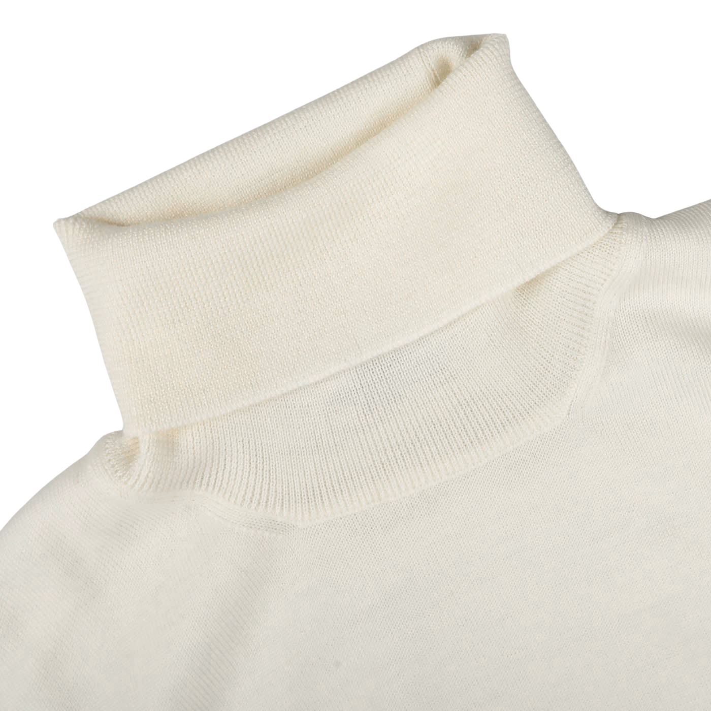 Close-up of the Off White Extra Fine Merino Rollneck by Gran Sasso shows the folded neckline, highlighting its knit texture and smooth merino wool fabric.