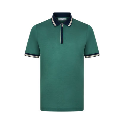 The Gran Sasso Green Cotton Filo Scozia Zip Polo Shirt features a zip collar, dark blue collar and sleeves with white and green stripes, all crafted from premium Filo Scozia cotton and shown on a plain white background. , available at Richard Gelding Mayfair