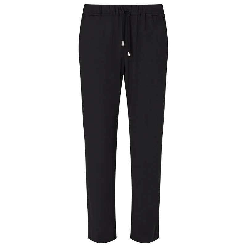 Homebody Black Modal Modern Pyjama Trousers feature a drawstring waist, no visible pockets, and a smooth, lightweight feel. These comfortable full-length pants have a clean hem, ideal for both casual and semi-formal wear. , available at Richard Gelding Mayfair