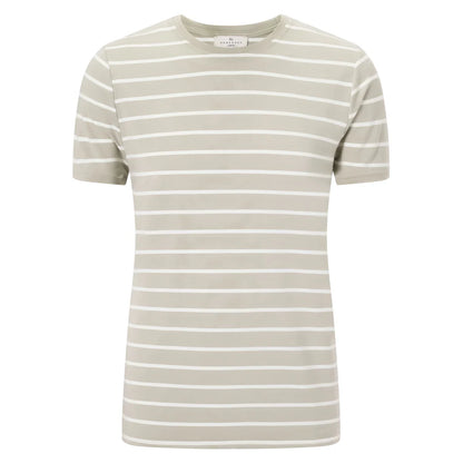 The Homebody Beige Desert Stripe Modal Marlow Striped T-Shirt is a men’s crew neck tee with short sleeves, crafted from soft Modal Sens fabric and featuring horizontal white stripes on a light beige background for a minimal, stylish look. , available at Richard Gelding Mayfair