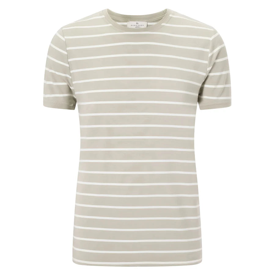 The Homebody Beige Desert Stripe Modal Marlow Striped T-Shirt is a men’s crew neck tee with short sleeves, crafted from soft Modal Sens fabric and featuring horizontal white stripes on a light beige background for a minimal, stylish look. , available at Richard Gelding Mayfair