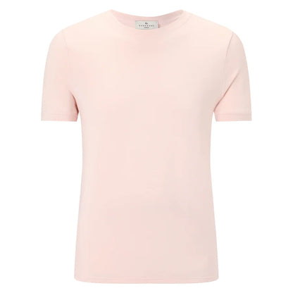 The Homebody Pink Modal Classic Cut T-Shirt for men is shown on a white background, featuring soft Modal Sens™ fabric, short sleeves, a crew neck, minimal stitching, and a subtle white neck tag—ideal for comfortable layering. , available at Richard Gelding Mayfair