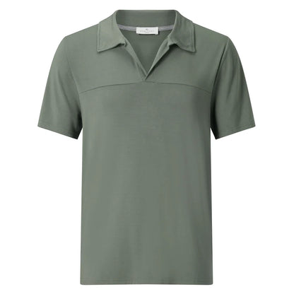 The Charred Green Collared Modal Marlow Polo T-shirt is a plain, short-sleeved men's polo in breathable fabric with a relaxed collar and no visible buttons, shown on a white background—ideal for casual wear.