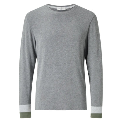 A plain, long-sleeved gray crewneck shirt. The cuffs are color-blocked, with the left cuff being light gray and the right cuff olive green. The shirt has a simple, casual style and features a small white tag at the inner neckline. , available at Richard Gelding Mayfair