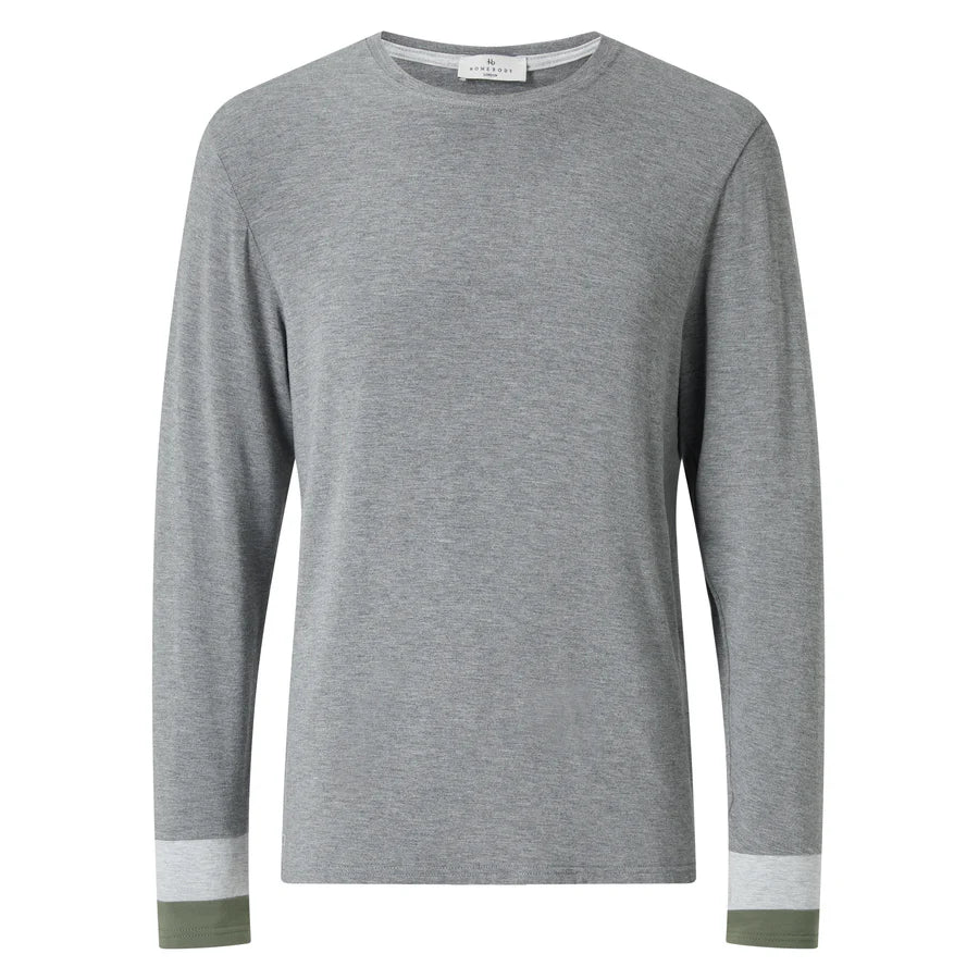 A plain, long-sleeved gray crewneck shirt. The cuffs are color-blocked, with the left cuff being light gray and the right cuff olive green. The shirt has a simple, casual style and features a small white tag at the inner neckline. , available at Richard Gelding Mayfair