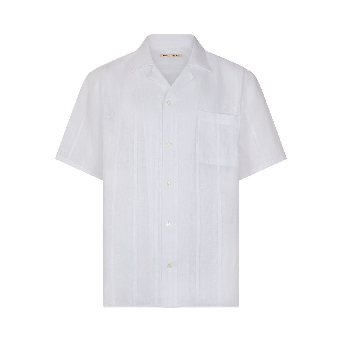 The Maurizio Baldassari White Linen Short Sleeve Bowling Shirt features a notched collar, subtle vertical stripes, left chest pocket, and light buttons, shown on a plain white background. , available at Richard Gelding Mayfair