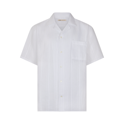 The Maurizio Baldassari White Linen Short Sleeve Bowling Shirt features a notched collar, subtle vertical stripes, left chest pocket, and light buttons, shown on a plain white background. , available at Richard Gelding Mayfair