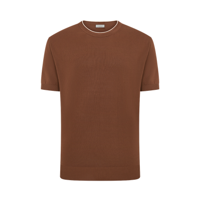 The Canali Brown Giza Cotton T-shirt features short sleeves, a crew neckline with white contrast piping, and ribbed cuffs and hem. Made from soft Giza cotton and shown on a plain white background. , available at Richard Gelding Mayfair