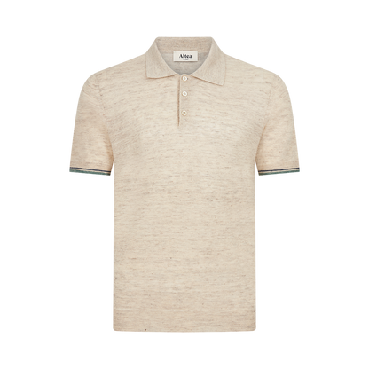 The Altea Beige Cotton/Linen Polo is a men’s casual shirt with short sleeves, a classic collar, three buttons, and green and white striped cuffs. Brand label appears inside the collar. , available at Richard Gelding Mayfair