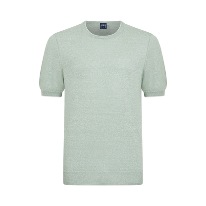 The Fedeli Green Melange Linen Cotton T-Shirt features short sleeves, a crew neck, ribbed cuffs and hem, subtle textured fabric, and a small navy blue tag at the inside back neckline. Displayed on a plain white background. , available at Richard Gelding Mayfair