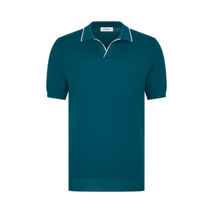 The Gran Sasso Bottle Green Cotton Capri Collar Polo is a relaxed-fit, short-sleeve knit with white trim on the V-shaped collar, no visible buttons, and is shown against a plain white background. , available at Richard Gelding Mayfair