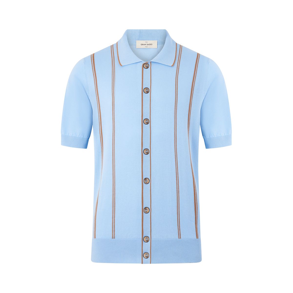 Sky Blue/Brown Cotton Button Down Short Sleeve Polo