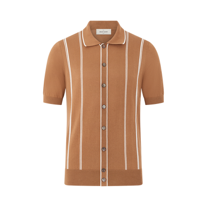 Brown/White Cotton Button Down Short Sleeve Polo