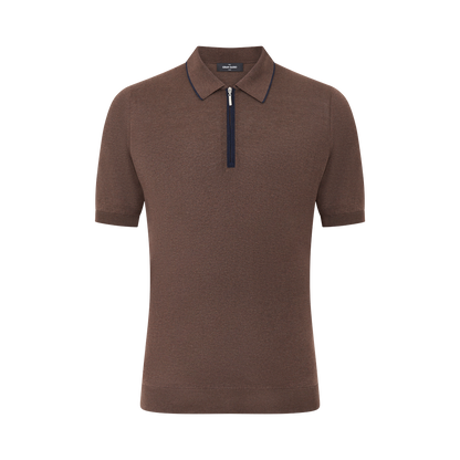 Dark Brown Knitted Silk Zip Polo Shirt