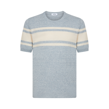 The Gran Sasso Grey Stripe Cotton/Linen Knitted T-shirt is a men's short-sleeved, breathable crew neck with horizontal stripes and a classic design, shown on a plain white background. , available at Richard Gelding Mayfair