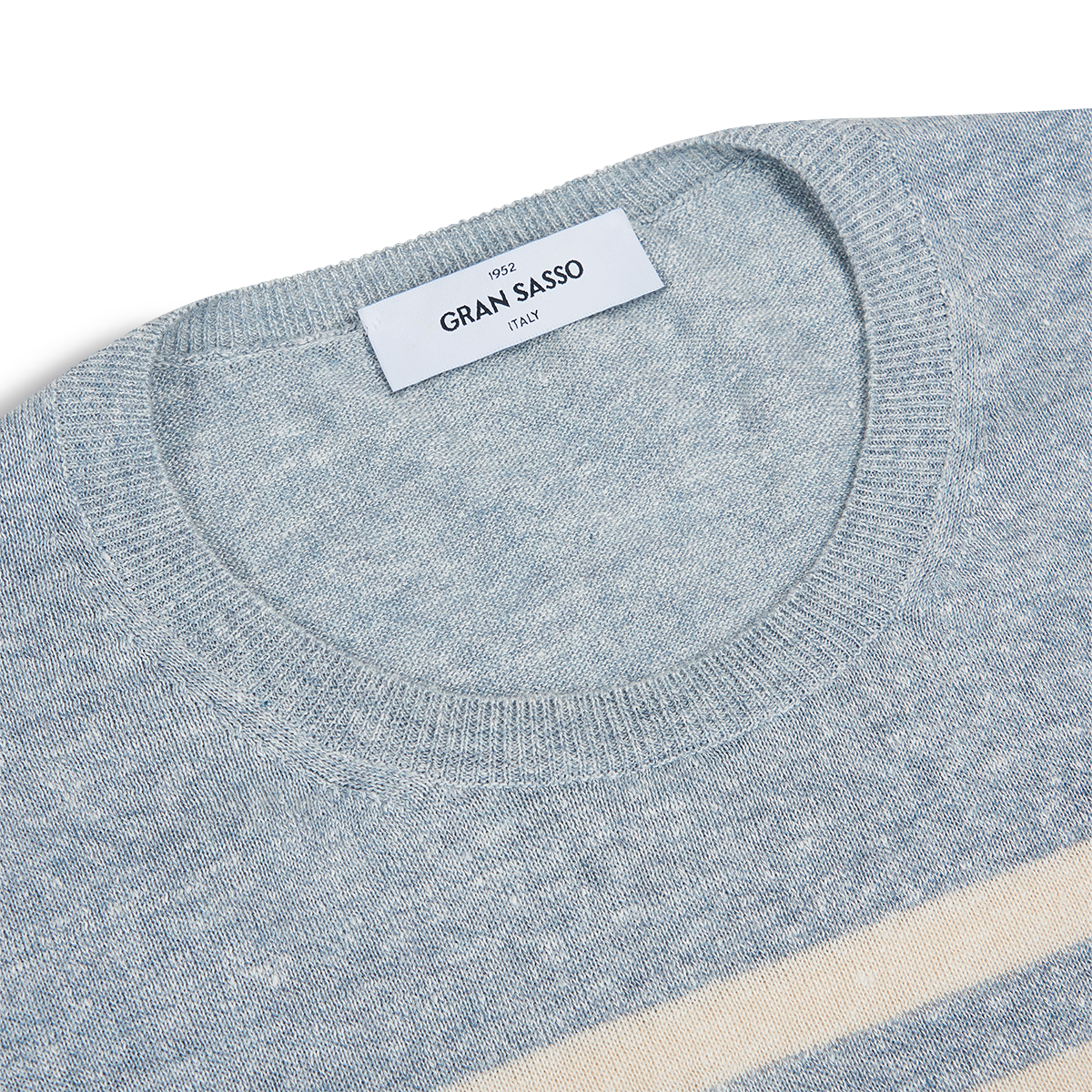 Close-up of a Gran Sasso Grey Stripe Cotton/Linen Knitted T-shirt featuring a crew neckline and heathered texture. The subtle beige stripe adds refined style, ideal for layering under a casual blazer. , available at Richard Gelding Mayfair