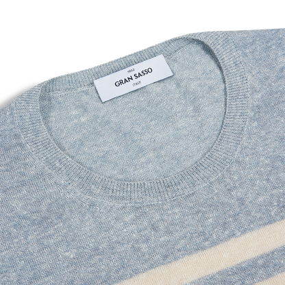 Close-up of a Gran Sasso Grey Stripe Cotton/Linen Knitted T-shirt featuring a crew neckline and heathered texture. The subtle beige stripe adds refined style, ideal for layering under a casual blazer. , available at Richard Gelding Mayfair