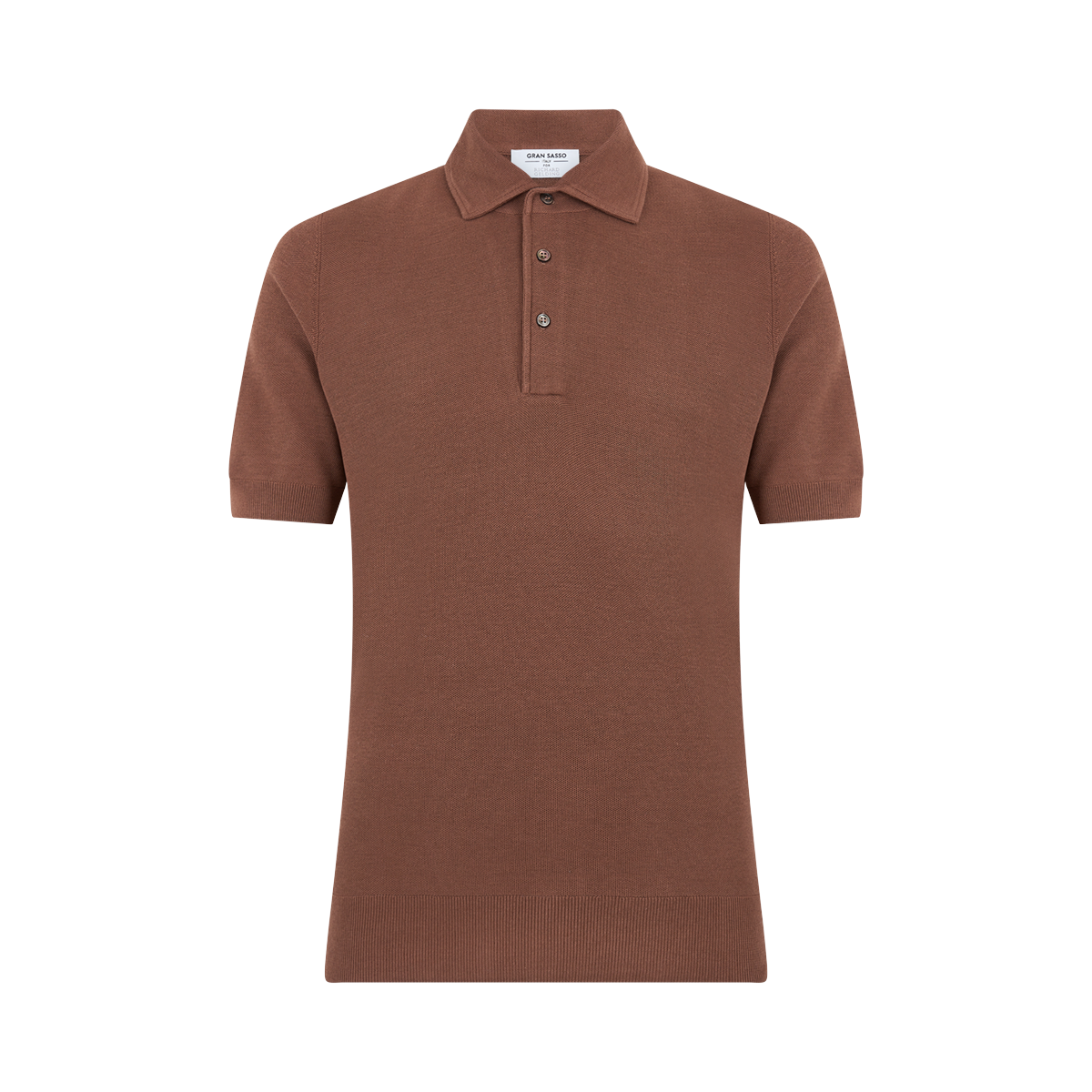 The Gran Sasso Brown Silk Pique Short Sleeve Polo features a classic collar, three-button placket, and a plain design with no patterns or logos, shown neatly displayed against a white background. , available at Richard Gelding Mayfair