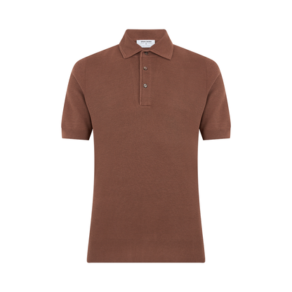 The Gran Sasso Brown Silk Pique Short Sleeve Polo features a classic collar, three-button placket, and a plain design with no patterns or logos, shown neatly displayed against a white background. , available at Richard Gelding Mayfair