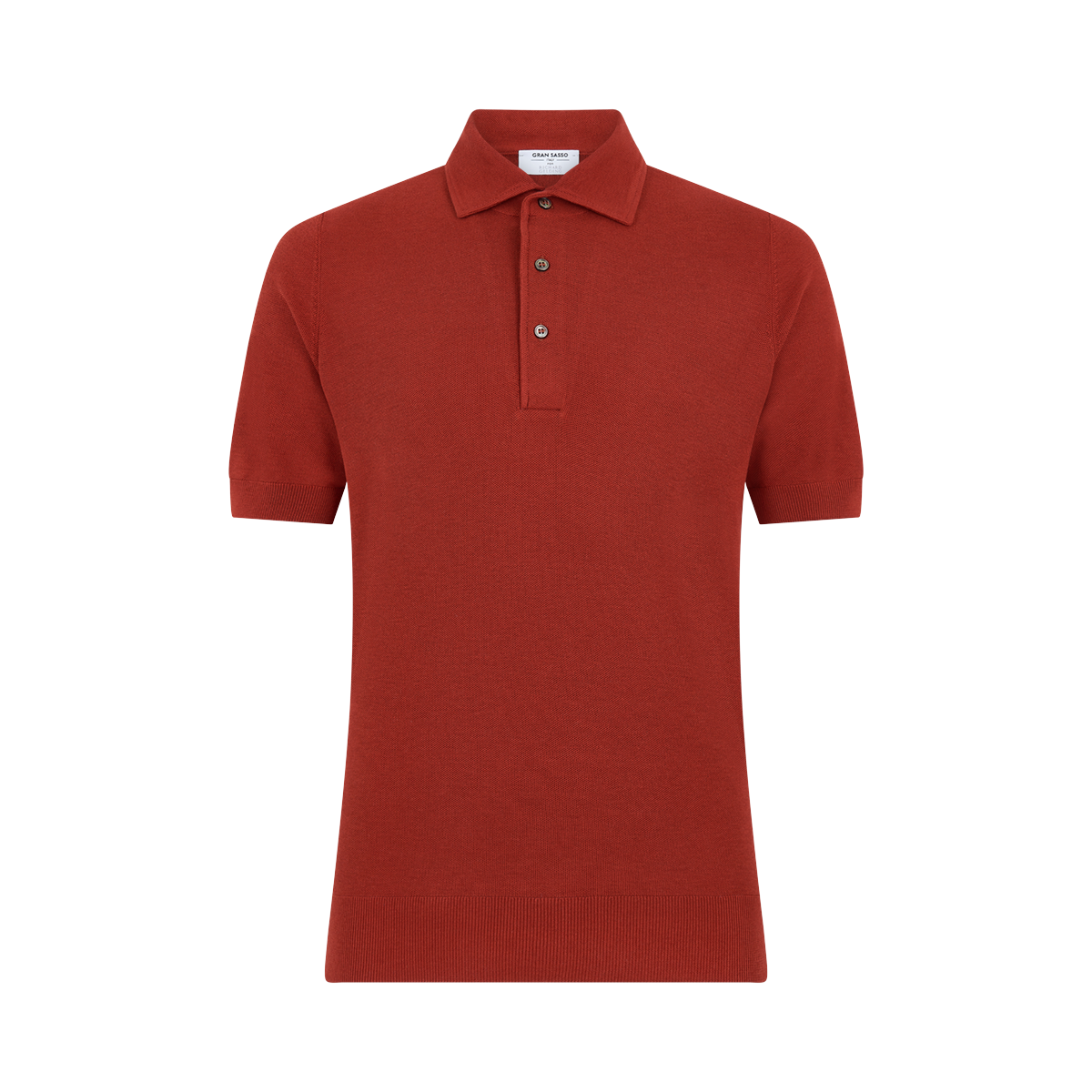 The Gran Sasso Rust Red Silk Pique Polo features short sleeves, a classic collar, three-button placket, and ribbed cuffs and hem, shown against a plain white background. , available at Richard Gelding Mayfair