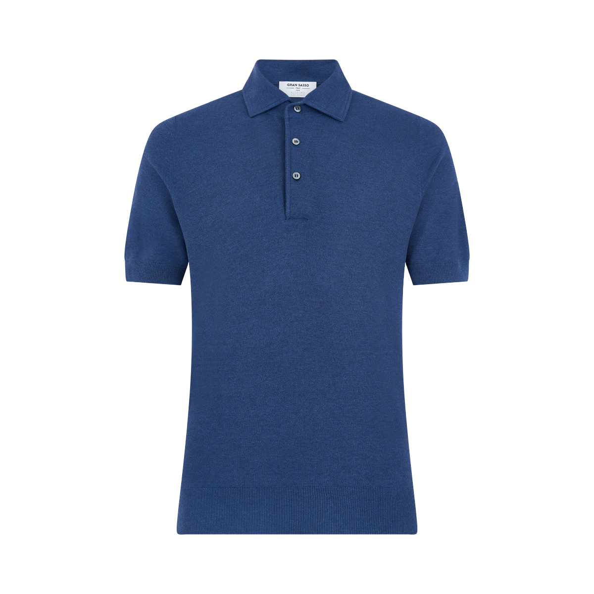 The Gran Sasso Navy Blue Silk Pique Polo features short sleeves, a classic collar, and a three-button placket. It has a soft silk texture, tailored fit, and includes a discreet white label inside the collar. , available at Richard Gelding Mayfair