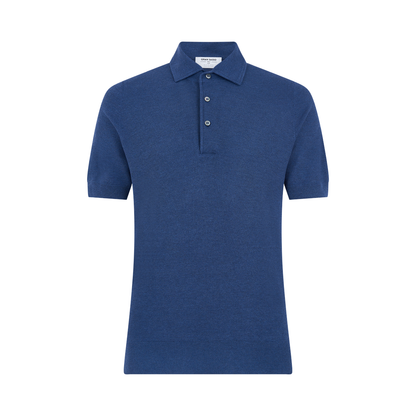 The Gran Sasso Navy Blue Silk Pique Polo features short sleeves, a classic collar, and a three-button placket. It has a soft silk texture, tailored fit, and includes a discreet white label inside the collar. , available at Richard Gelding Mayfair