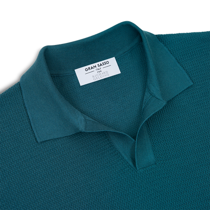 Teal Blue Silk Cotton Capri Collar Polo Shirt