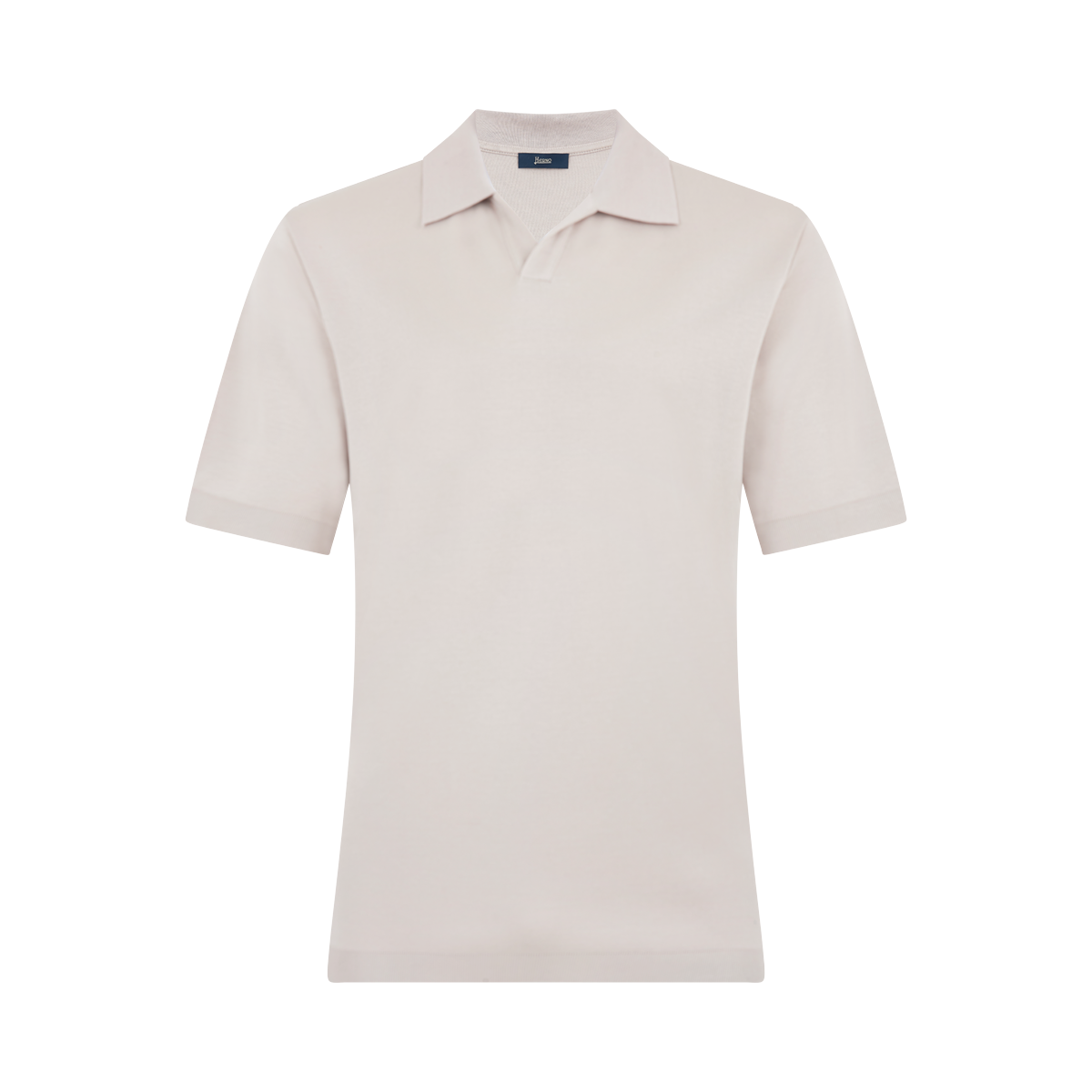 The Herno Light Grey Cotton Knitted Open Neck Polo features a tailored fit, short sleeves, soft collar, and V-neck opening with no buttons. It has a subtle texture, no visible logos or patterns, and is displayed against a plain white background. , available at Richard Gelding Mayfair