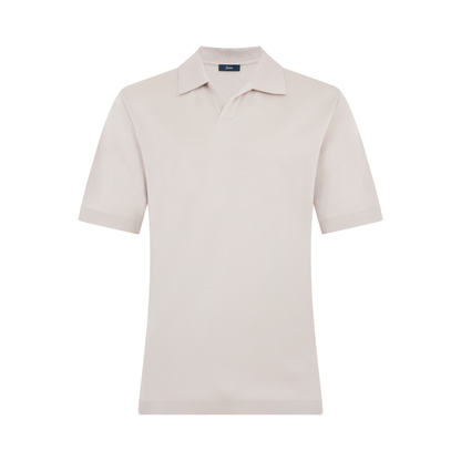 The Herno Light Grey Cotton Knitted Open Neck Polo features a tailored fit, short sleeves, soft collar, and V-neck opening with no buttons. It has a subtle texture, no visible logos or patterns, and is displayed against a plain white background. , available at Richard Gelding Mayfair