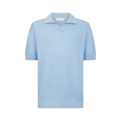 The Filippo de Laurentiis Sky Blue Open Weave Skipper Polo features short sleeves, a textured knit, ribbed cuffs and hem, a classic open-placket collar, and an interior white label, shown on a plain white background. , available at Richard Gelding Mayfair