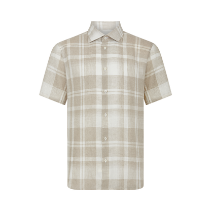The Maurizio Baldassari Light Brown Linen Check Short Sleeve Shirt features a classic collar and a beige and white plaid pattern with horizontal and vertical stripes on a white background. , available at Richard Gelding Mayfair