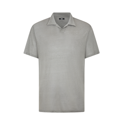 The Paige Light Grey Linen Capri Collar Polo Shirt features a minimalist design with a classic collar and relaxed fit, shown on a white background. Free of logos or patterns, it delivers effortless summer style. , available at Richard Gelding Mayfair