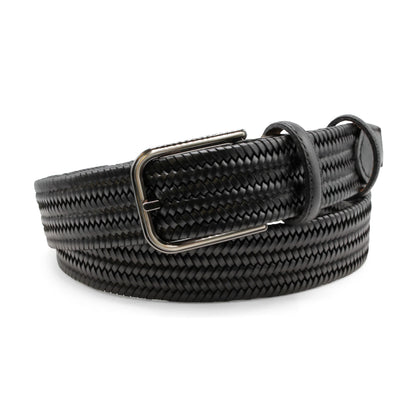 The Elliot Rhodes Black Leather Woven Belt features a coiled braided texture, matte finish, two black loops, and a shiny silver rectangular buckle for a flexible, stylish look. , available at Richard Gelding Mayfair