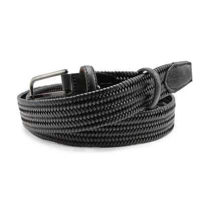 The Elliot Rhodes Black Leather Woven Belt features a coiled design with a shiny silver buckle and loop, textured pattern, and smooth leather tip, making it a standout accessory against the plain white background. , available at Richard Gelding Mayfair