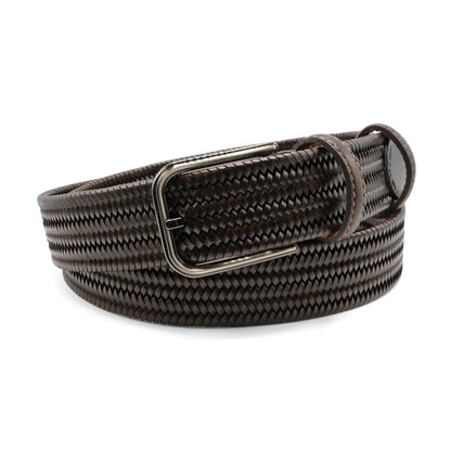 The Elliot Rhodes Brown Leather Woven Belt features a dark brown finish and a silver buckle, displayed against a white background. , available at Richard Gelding Mayfair