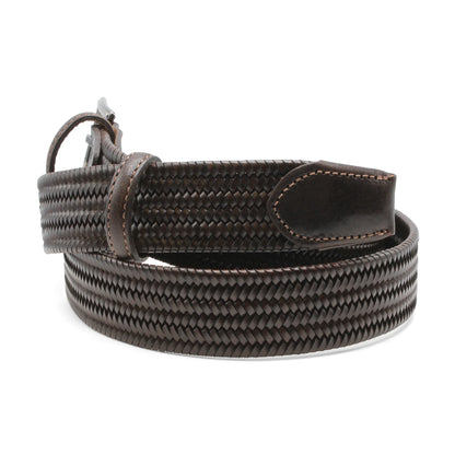 The Elliot Rhodes Brown Leather Woven Belt features dark brown braided leather, a silver buckle, and matching loop and tip details. Its tightly woven pattern and visible stitching create a sturdy, textured look against a white background. , available at Richard Gelding Mayfair