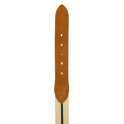 A Beige Striped Canvas Cognac Suede 35mm Hardy & Parsons belt on a white background.