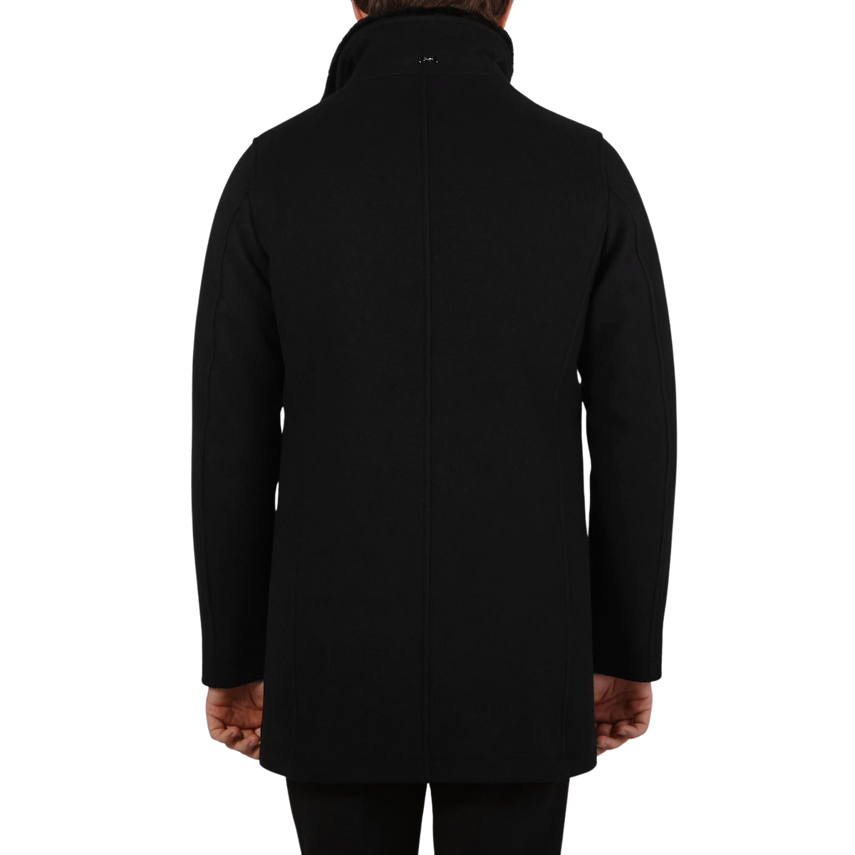 Herno Black Diagonal Wool Fur Collar Car Coat Back