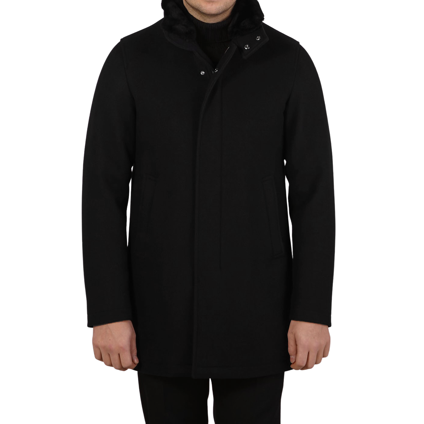 Herno Black Diagonal Wool Fur Collar Car Coat Front