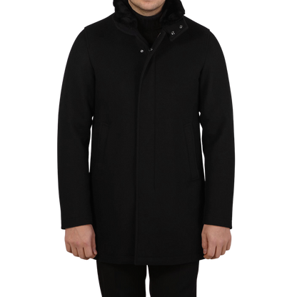 Herno Black Diagonal Wool Fur Collar Car Coat Front