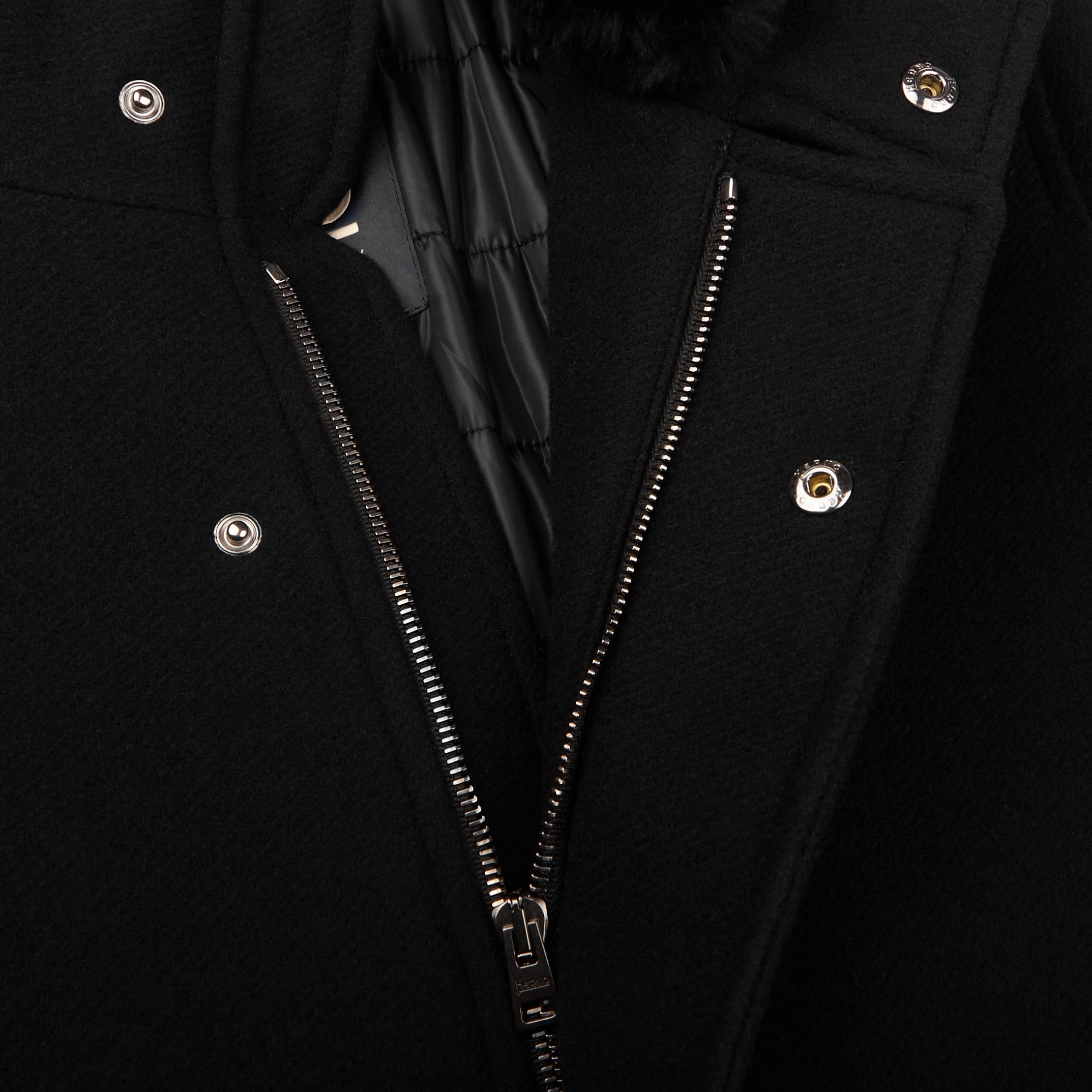Herno Black Diagonal Wool Fur Collar Car Coat Open