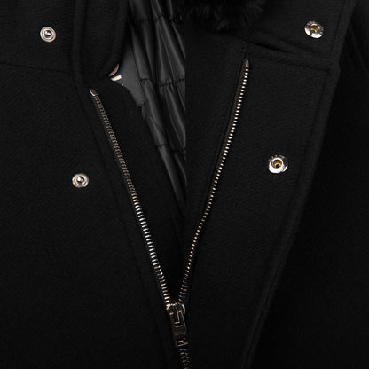 Herno Black Diagonal Wool Fur Collar Car Coat Open