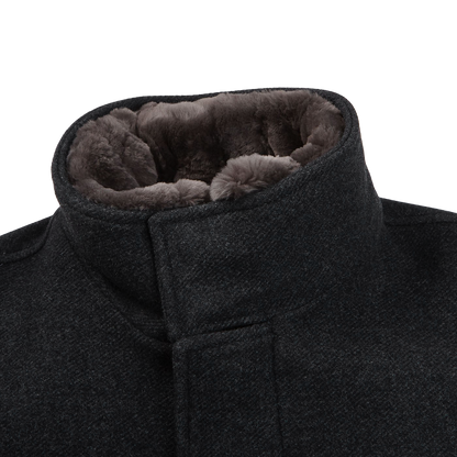 Herno Charcoal Grey Diagonal Wool Fur Car Coat Collar