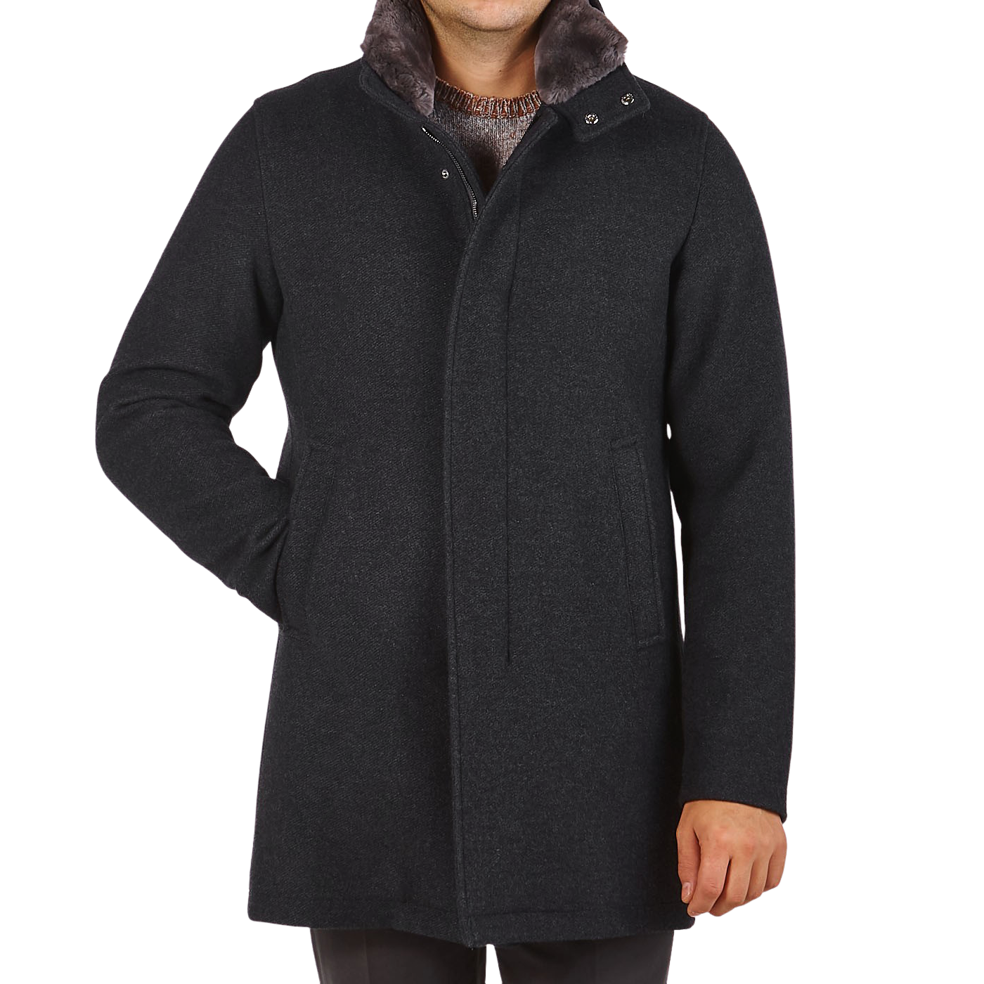 Herno Charcoal Grey Diagonal Wool Fur Car Coat Front