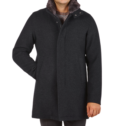 Herno Charcoal Grey Diagonal Wool Fur Car Coat Front