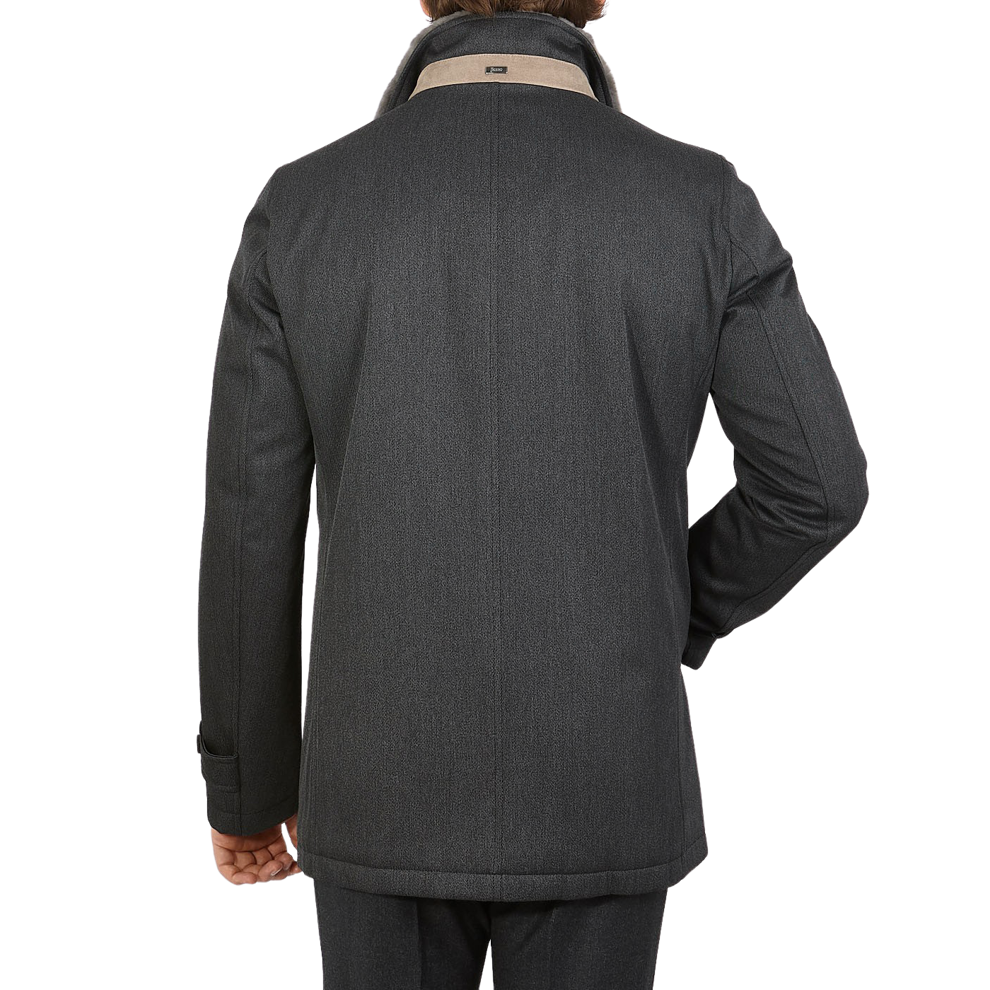 Herno Charcoal Wool Twill Beaver Collar Jacket Back
