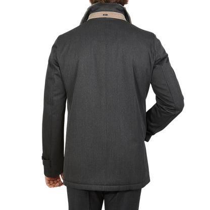 Herno Charcoal Wool Twill Beaver Collar Jacket Back