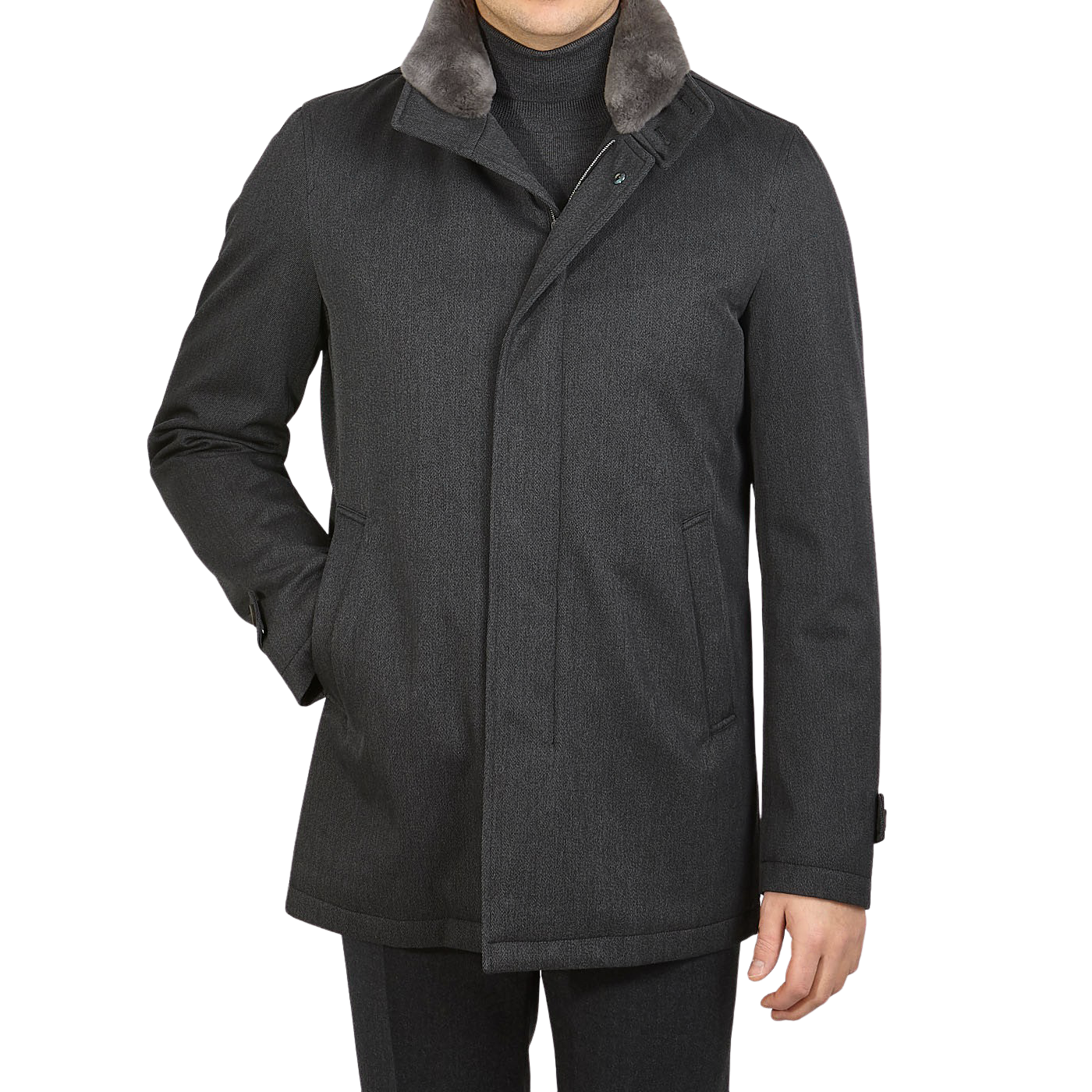 Herno Charcoal Wool Twill Beaver Collar Jacket Front